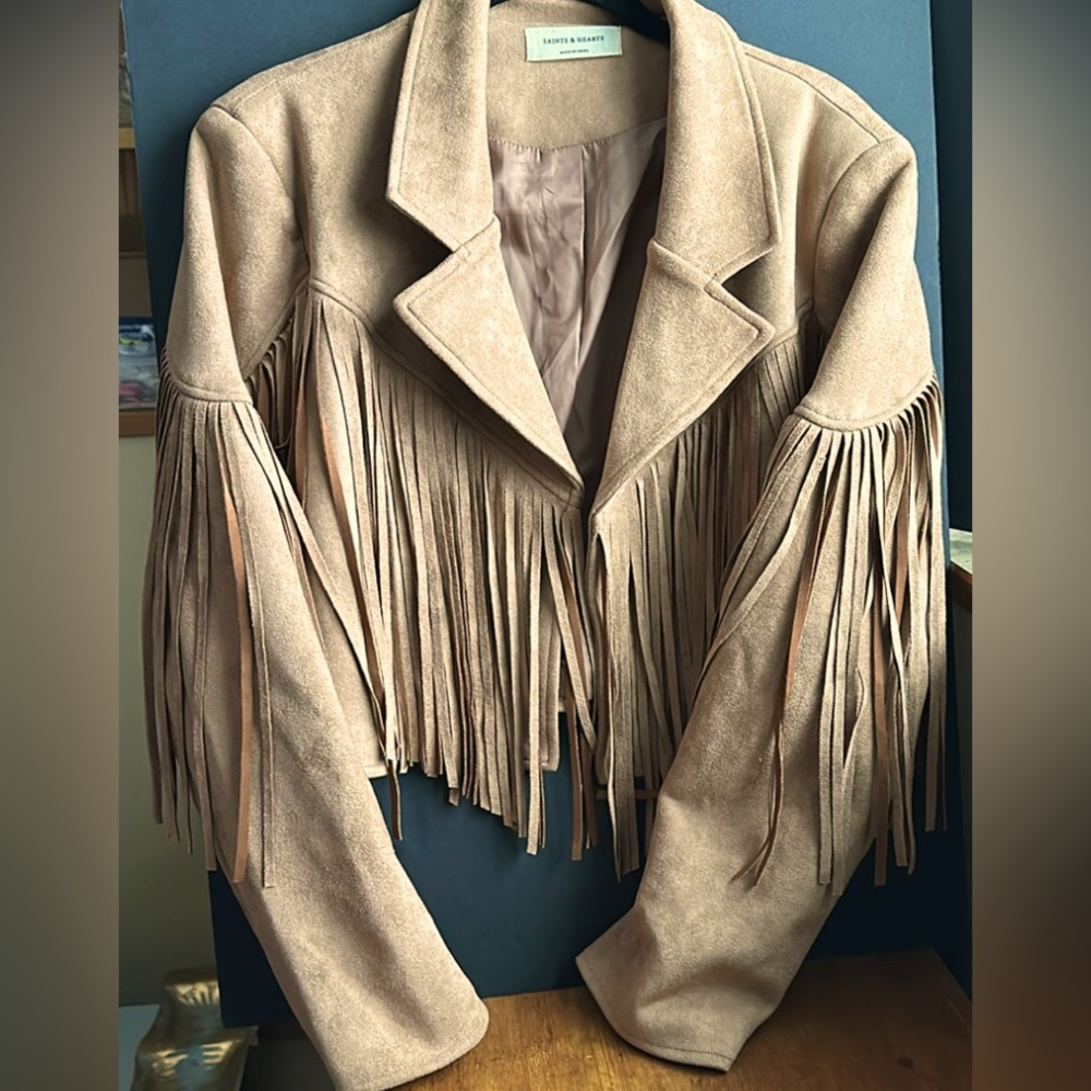 Fringed Suede Cropped Jacket in Tan - Picture 3 of 11